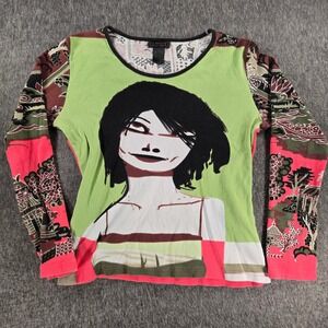 Vintage Custo Barcelona Graphic Top Womens 3 Green Long Sleeve Face Art Y2K Mod